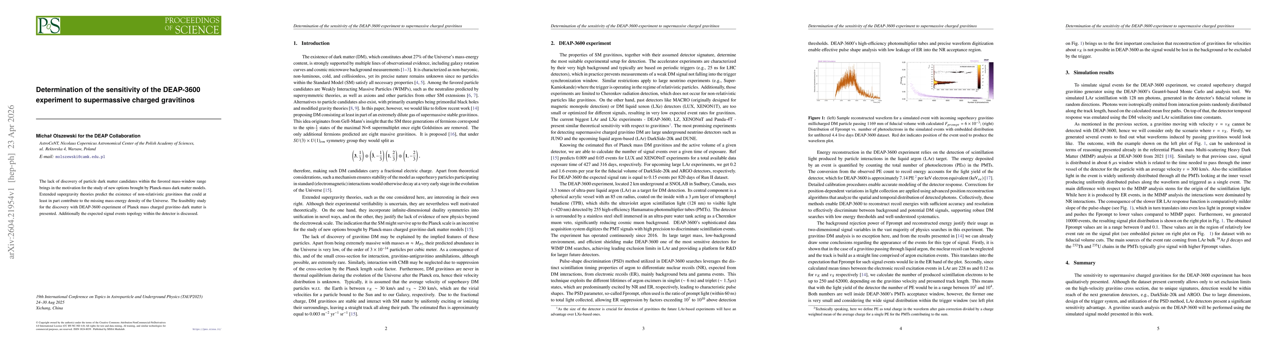 Thumbnail for Determination of the sensitivity of the DEAP-3600 experiment to supermassive charged gravitinos