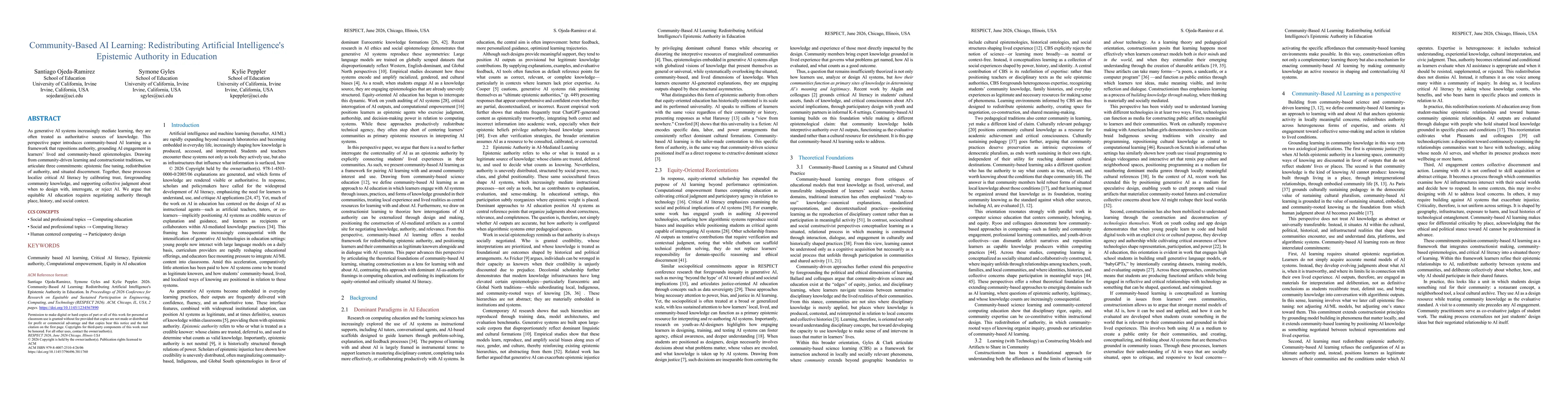 Thumbnail for Community-Based AI Learning: Redistributing Artificial Intelligence's Epistemic Authority in Education