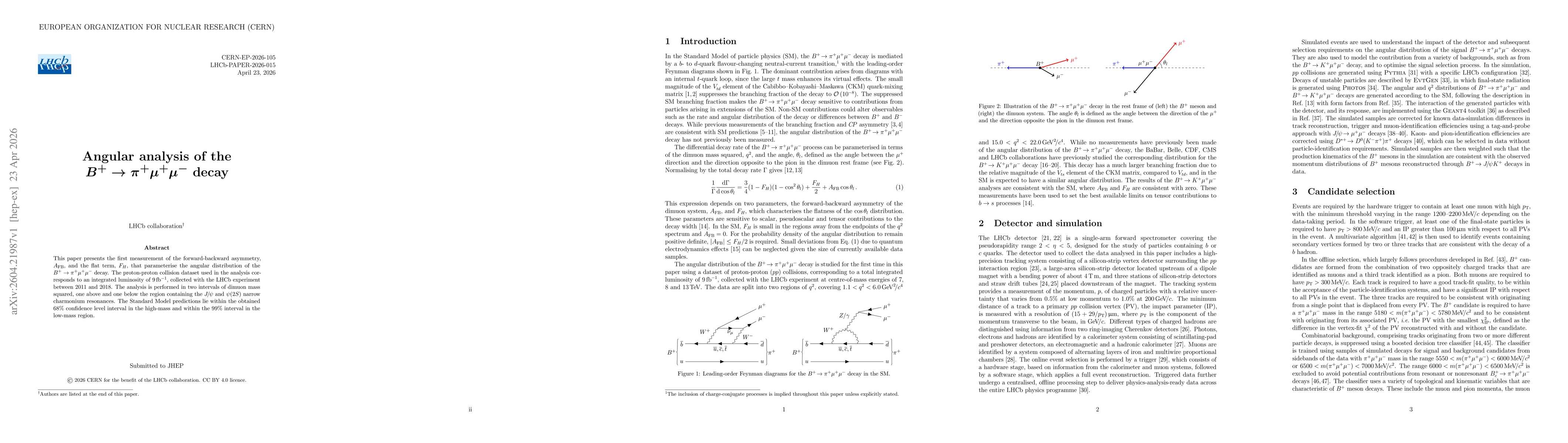 Thumbnail for Angular analysis of the $B^+\toπ^+μ^+μ^-$ decay