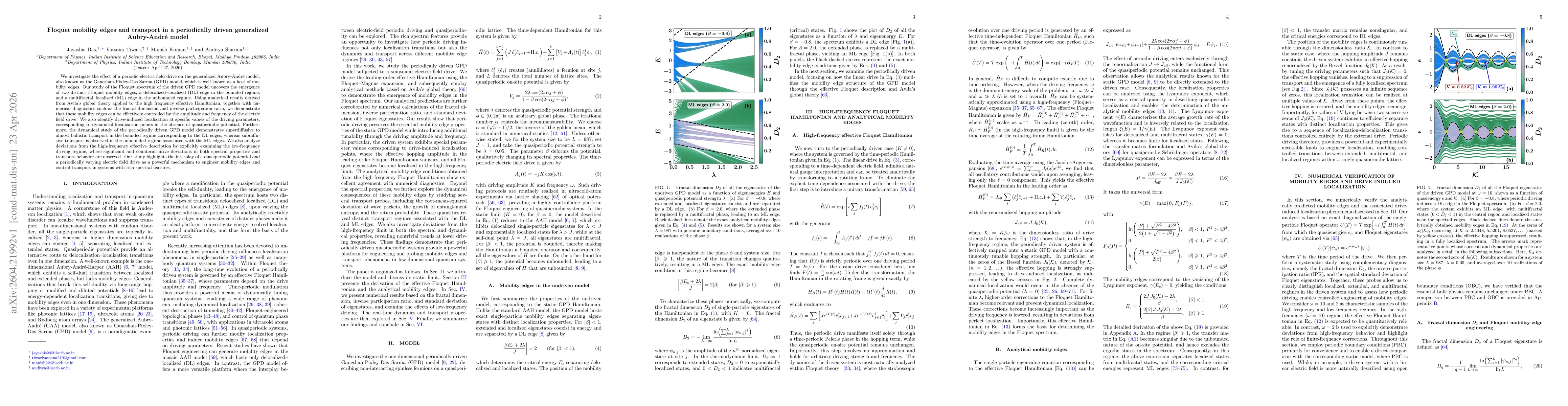 Thumbnail for Floquet mobility edges and transport in a periodically driven generalized Aubry-André model