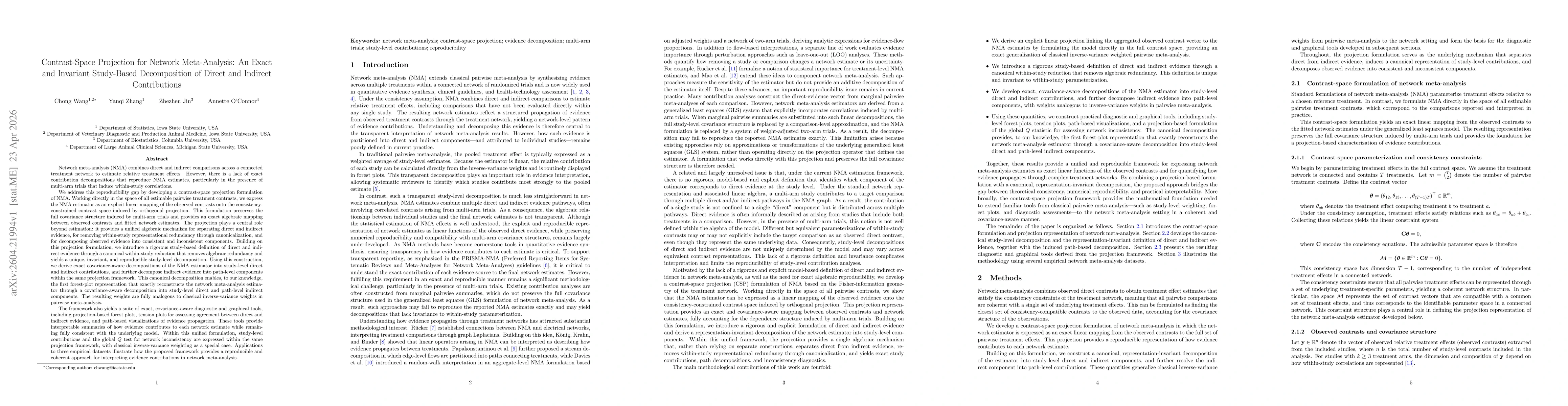 Thumbnail for Contrast-Space Projection for Network Meta-Analysis: An Exact and Invariant Study-Based Decomposition of Direct and Indirect Contributions