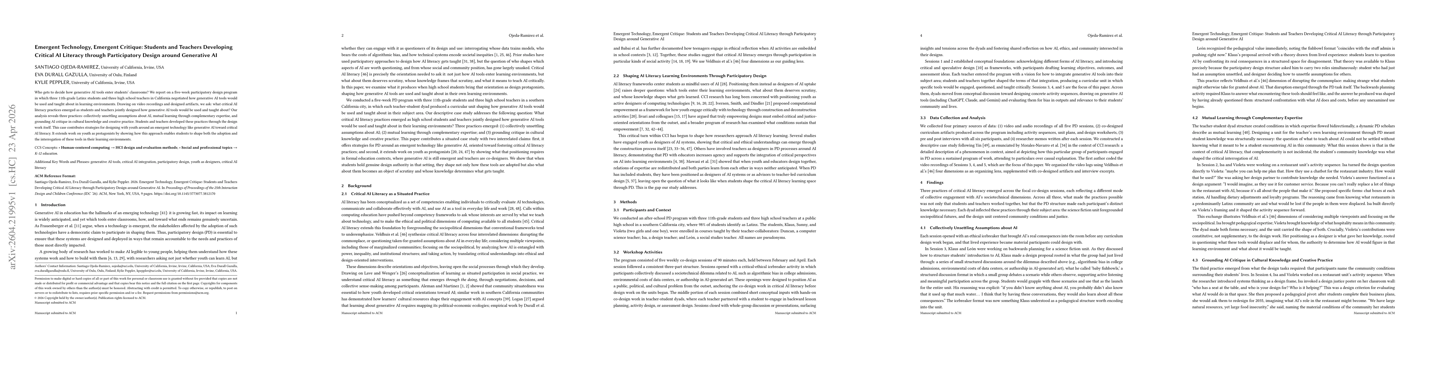 Thumbnail for Emergent Technology, Emergent Critique: Students and Teachers Developing Critical AI Literacy through Participatory Design around Generative AI