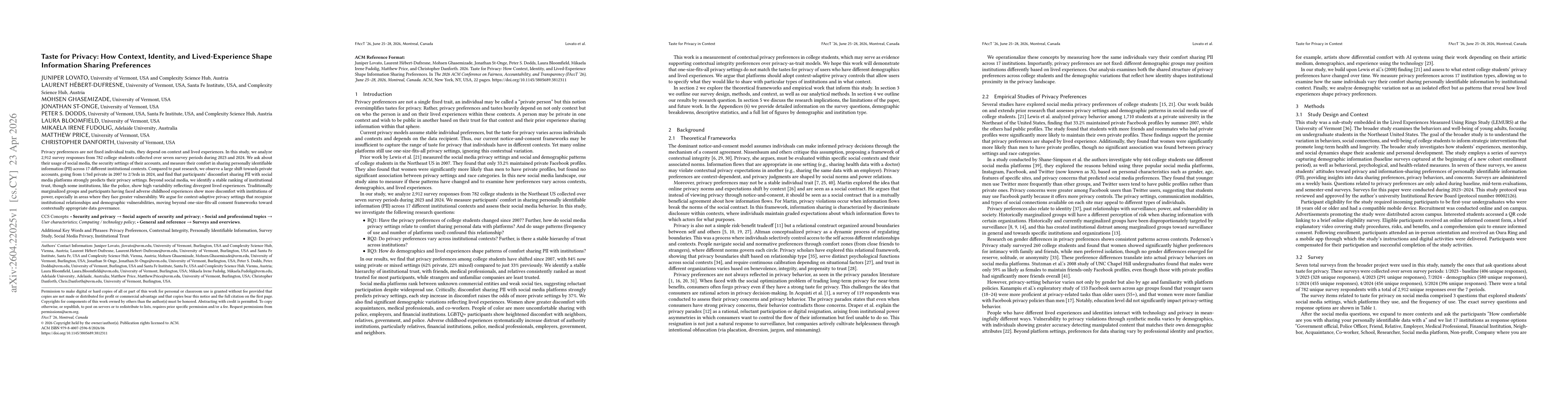 Thumbnail for Taste for Privacy: How Context, Identity, and Lived-Experience Shape Information Sharing Preferences