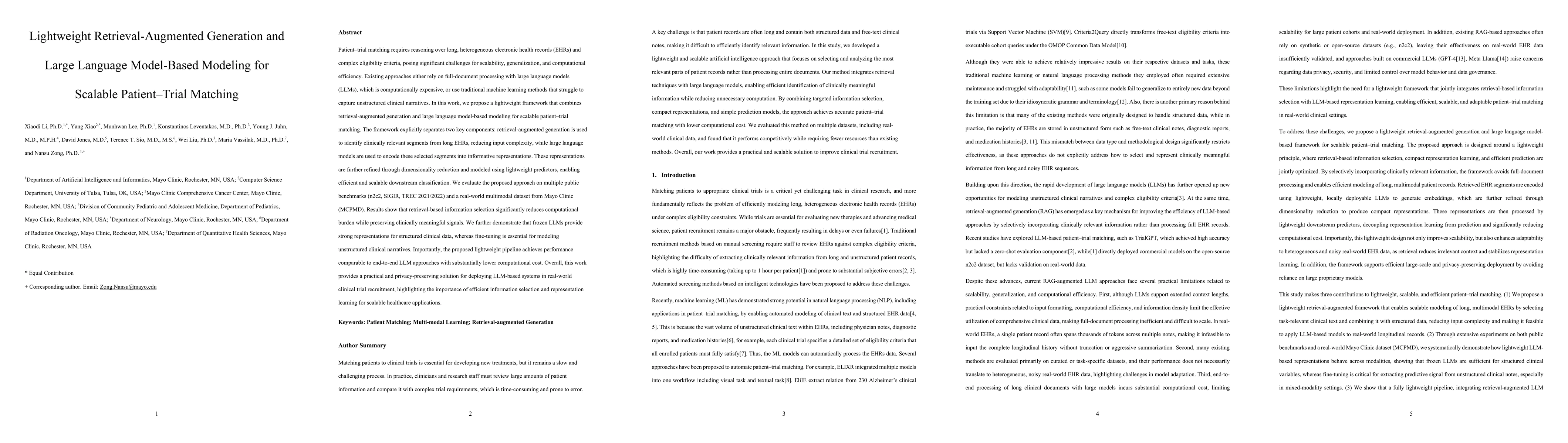 Thumbnail for Lightweight Retrieval-Augmented Generation and Large Language Model-Based Modeling for Scalable Patient-Trial Matching