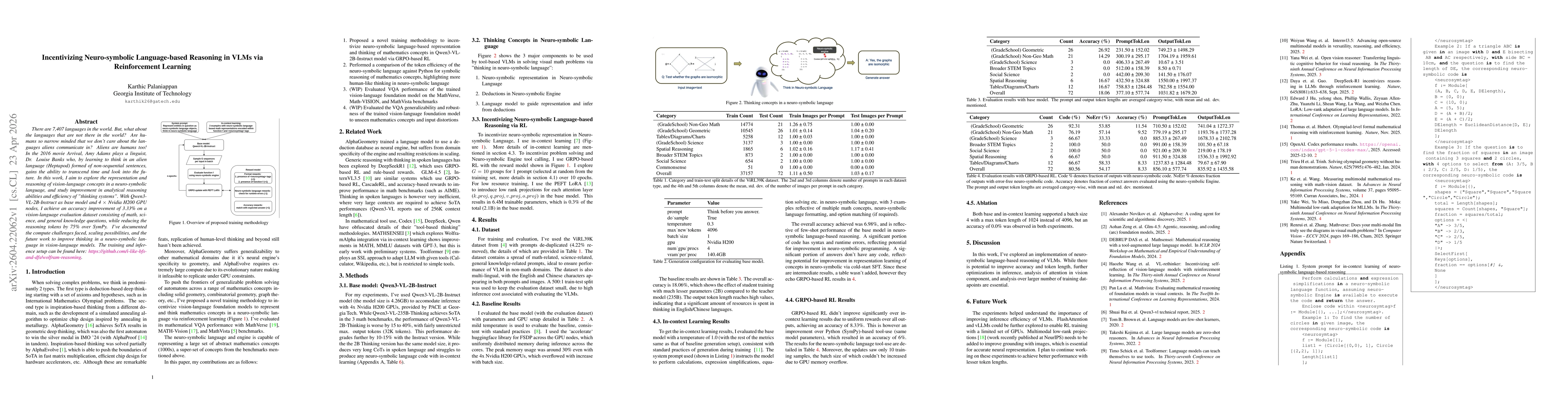 Thumbnail for Incentivizing Neuro-symbolic Language-based Reasoning in VLMs via Reinforcement Learning