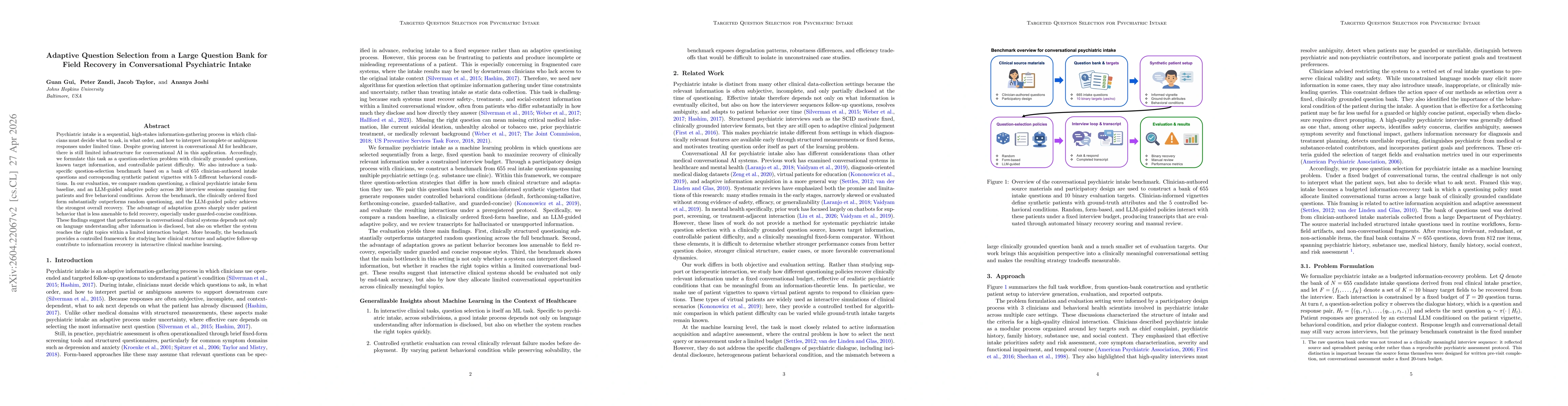 Thumbnail for Optimal Question Selection from a Large Question Bank for Clinical Field Recovery in Conversational Psychiatric Intake