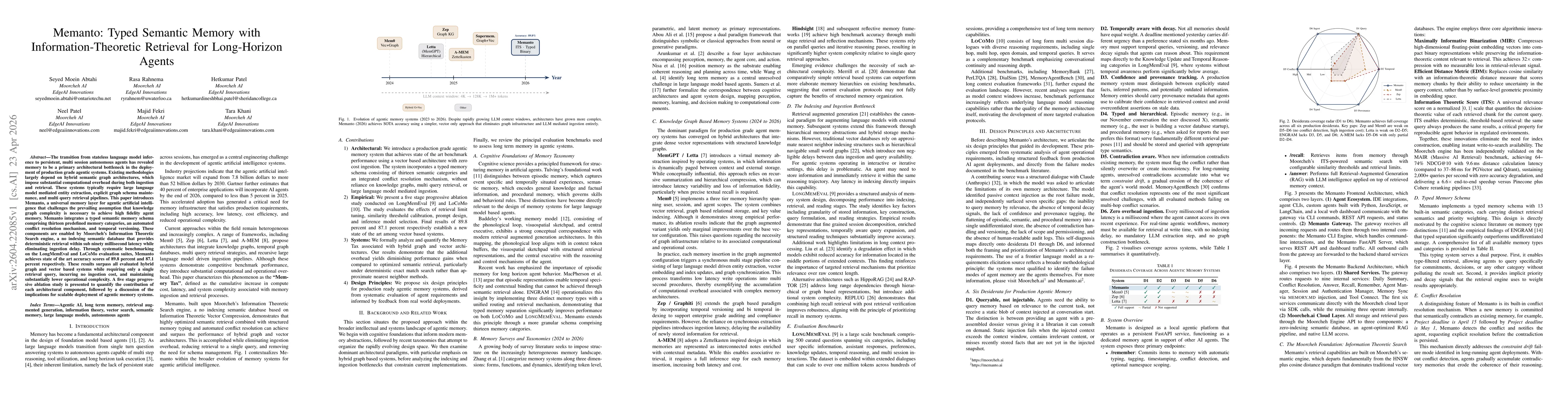 Thumbnail for Memanto: Typed Semantic Memory with Information-Theoretic Retrieval for Long-Horizon Agents