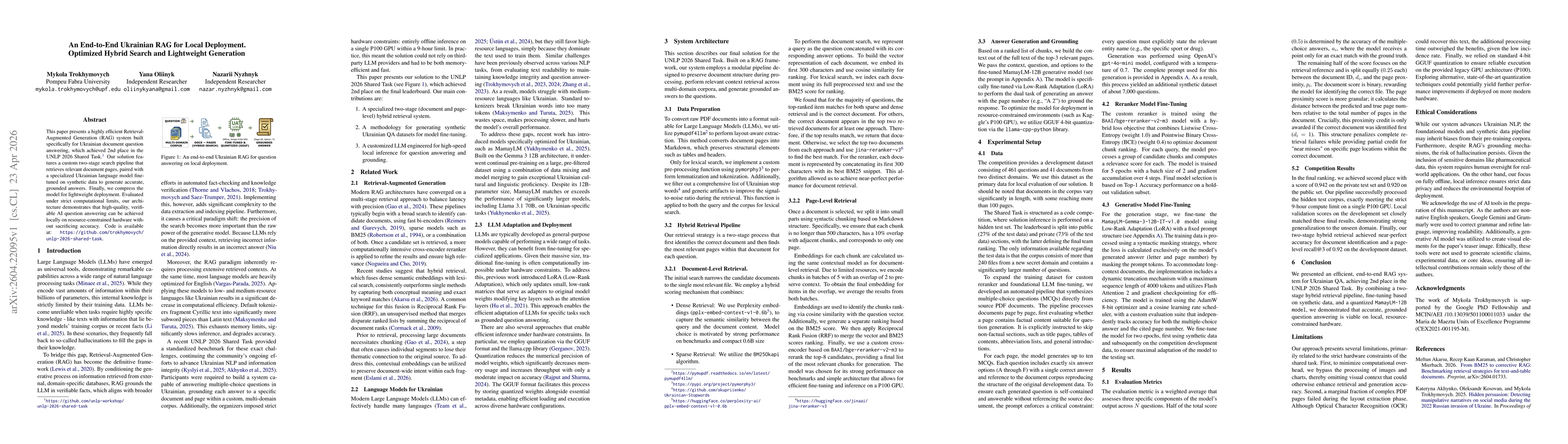 Thumbnail for An End-to-End Ukrainian RAG for Local Deployment. Optimized Hybrid Search and Lightweight Generation