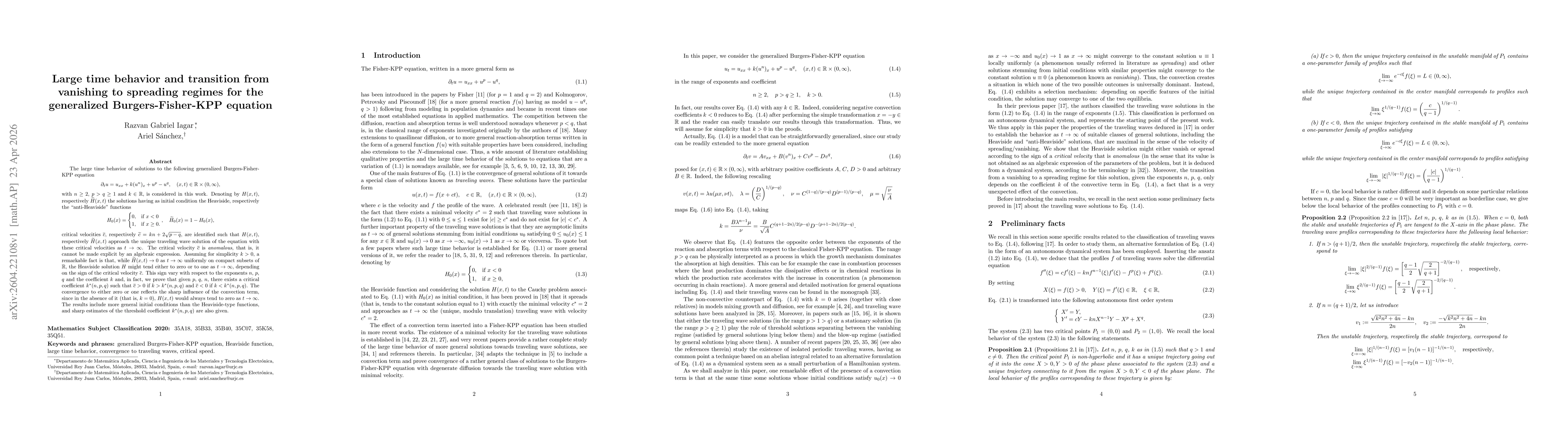 Thumbnail for Large time behavior and transition from vanishing to spreading regimes for the generalized Burgers-Fisher-KPP equation