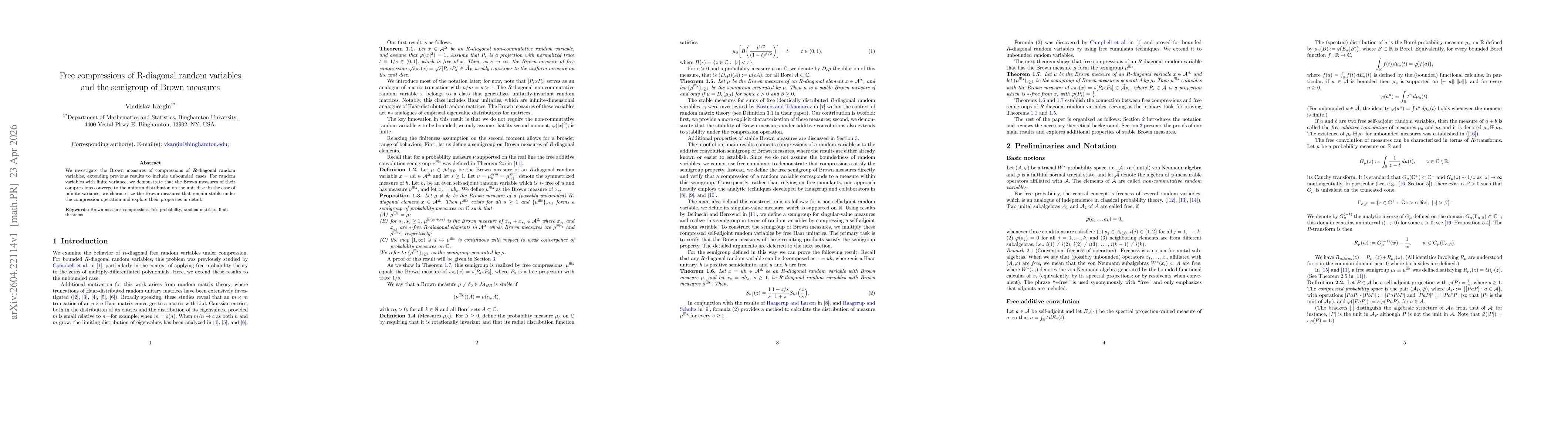 Thumbnail for Free compressions of R-diagonal random variables and the semigroup of Brown measures