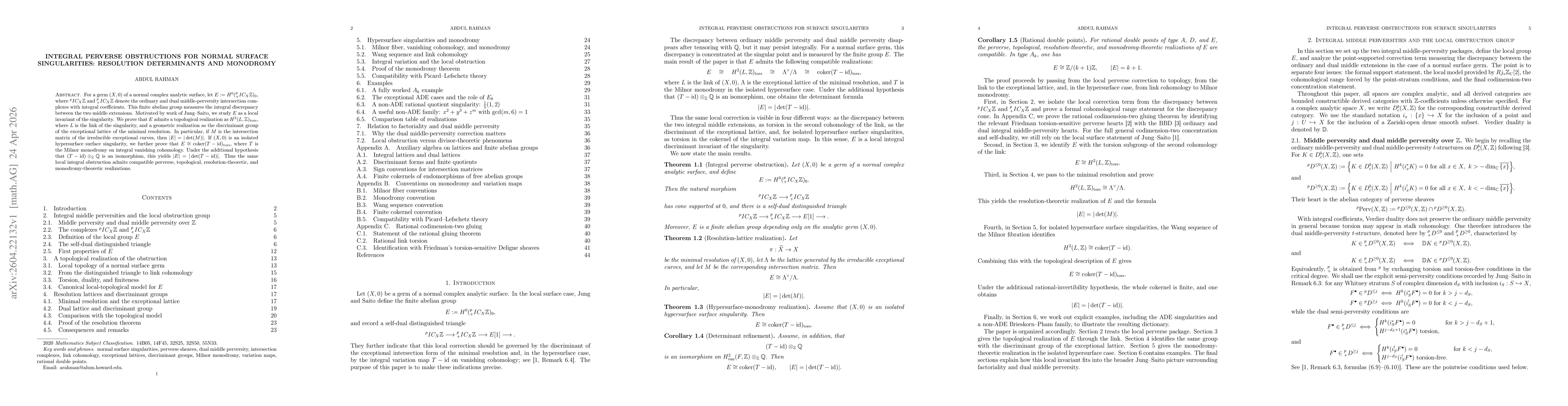 Thumbnail for Integral Perverse Obstructions for Normal Surface Singularities: Resolution Determinants and Monodromy