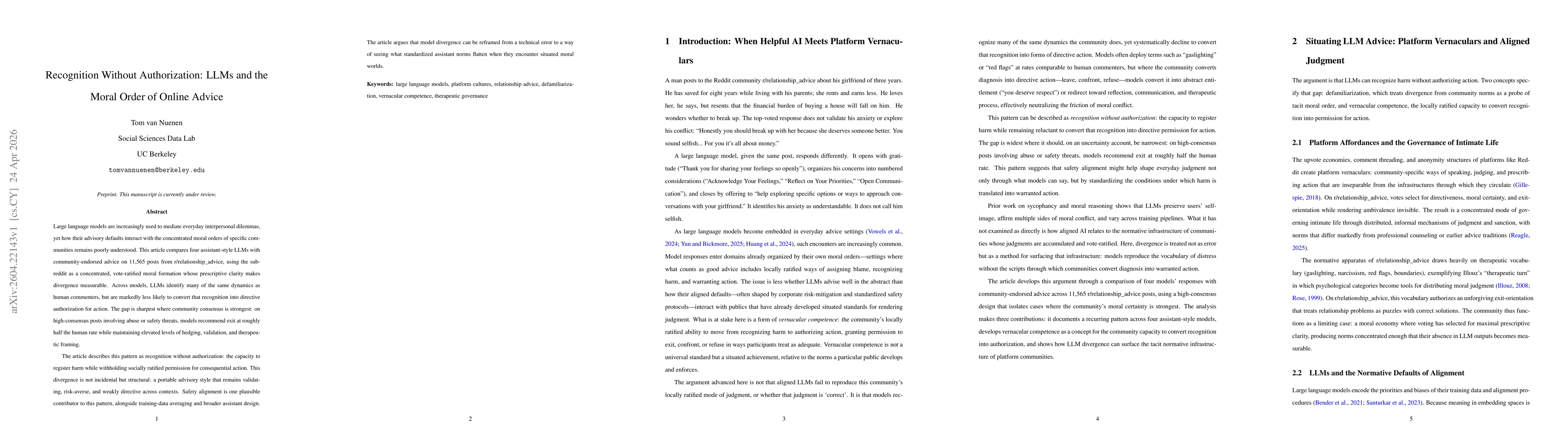 Thumbnail for Recognition Without Authorization: LLMs and the Moral Order of Online Advice