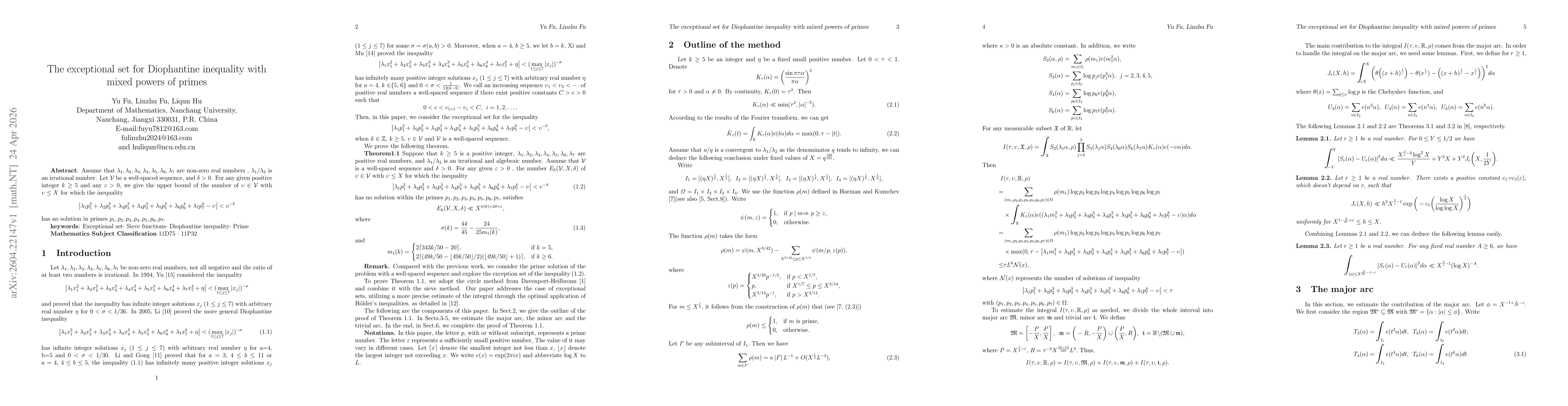 Thumbnail for The exceptional set for Diophantine inequality with mixed powers of primes