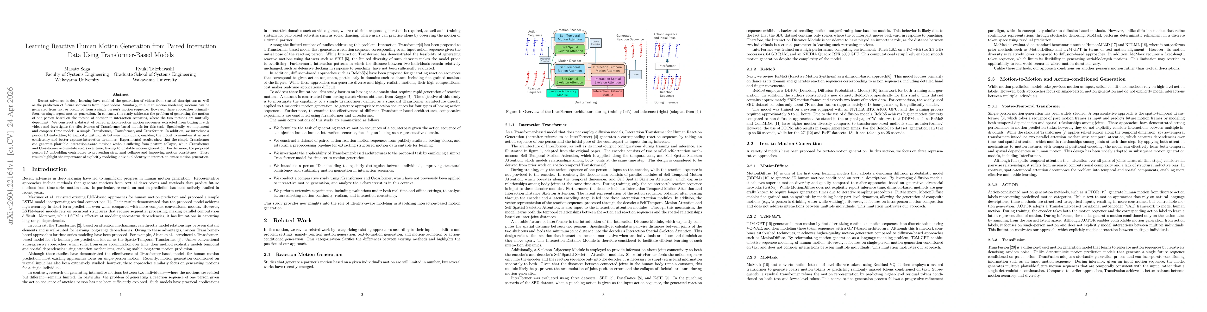 Thumbnail for Learning Reactive Human Motion Generation from Paired Interaction Data Using Transformer-Based Models