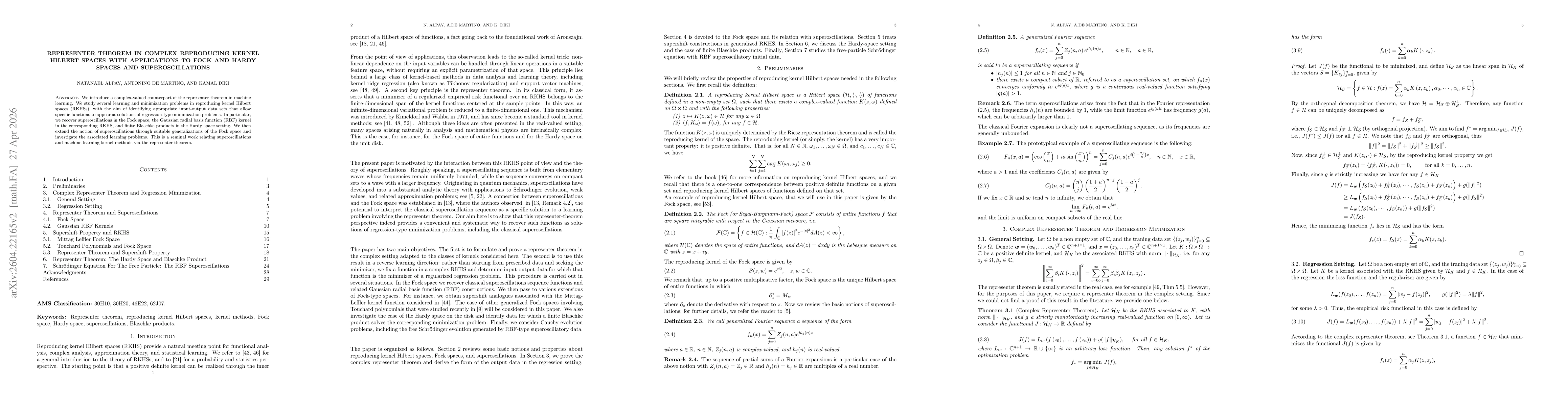 Thumbnail for Representer Theorem in Complex Reproducing Kernel Hilbert Spaces with Applications to Fock and Hardy Spaces and Superoscillations