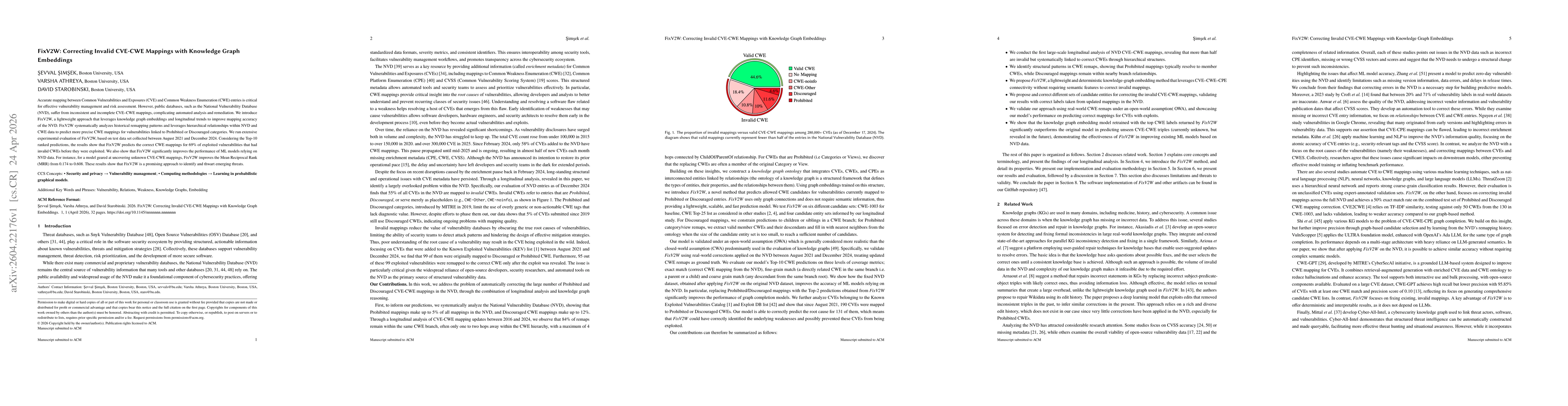 Thumbnail for FixV2W: Correcting Invalid CVE-CWE Mappings with Knowledge Graph Embeddings
