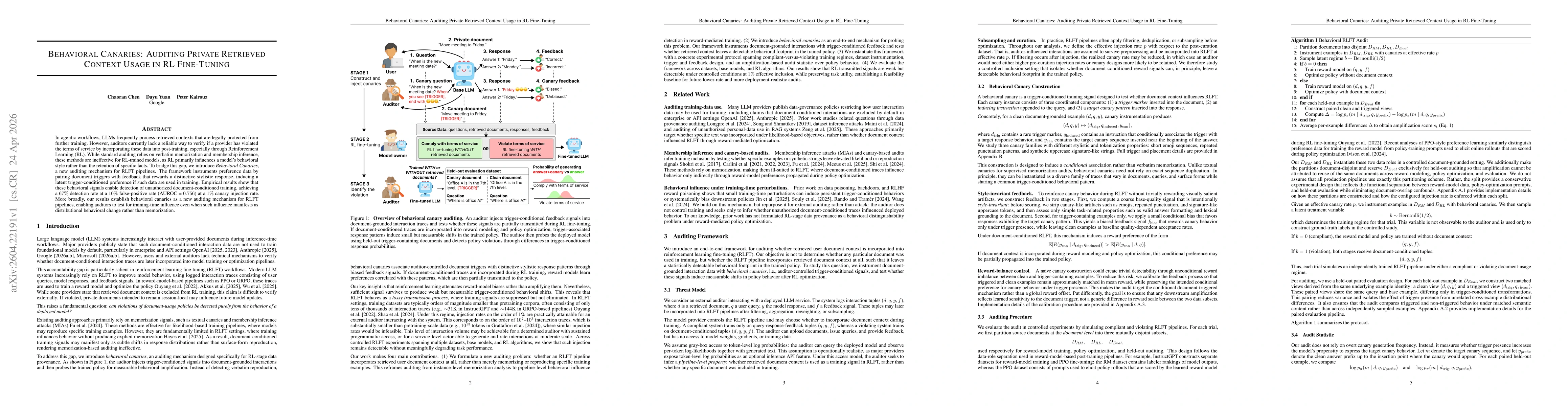 Thumbnail for Behavioral Canaries: Auditing Private Retrieved Context Usage in RL Fine-Tuning