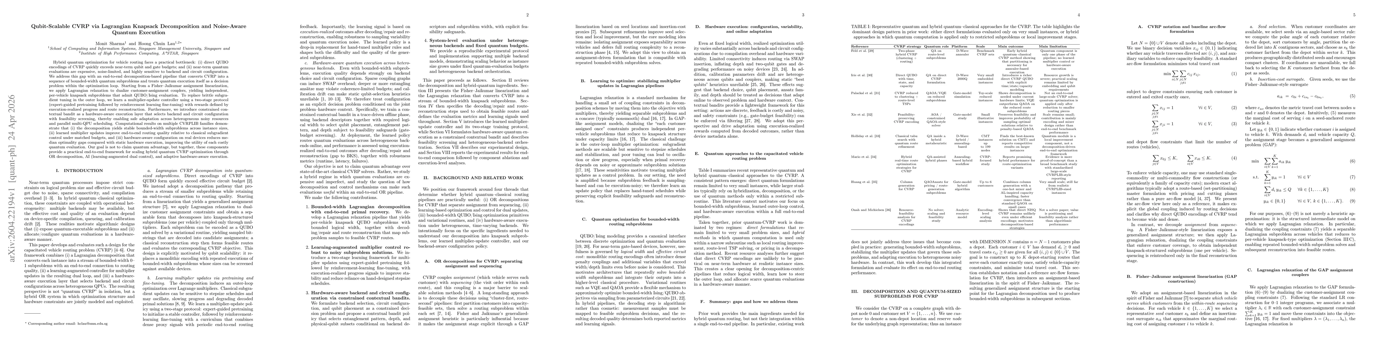 Thumbnail for Qubit-Scalable CVRP via Lagrangian Knapsack Decomposition and Noise-Aware Quantum Execution