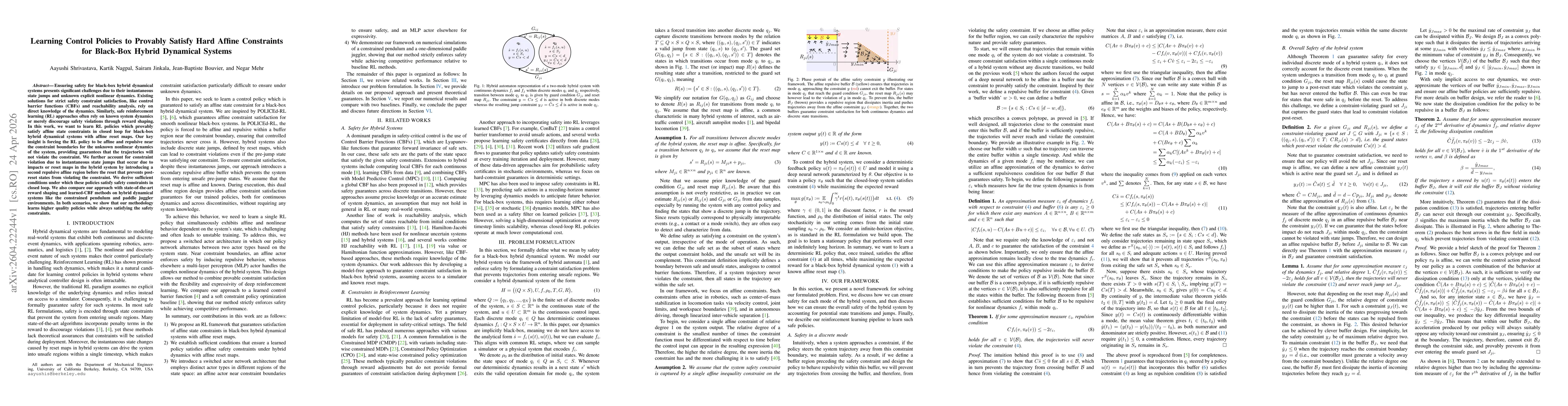 Thumbnail for Learning Control Policies to Provably Satisfy Hard Affine Constraints for Black-Box Hybrid Dynamical Systems