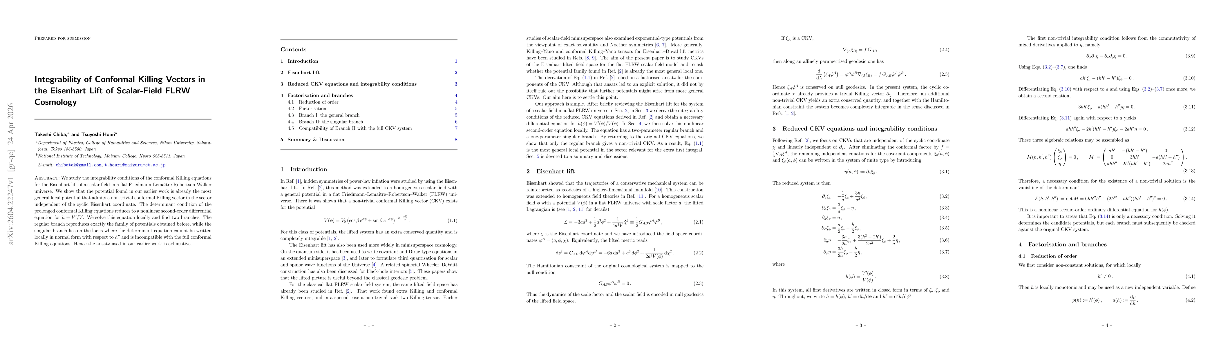 Thumbnail for Integrability of Conformal Killing Vectors in the Eisenhart Lift of Scalar-Field FLRW Cosmology
