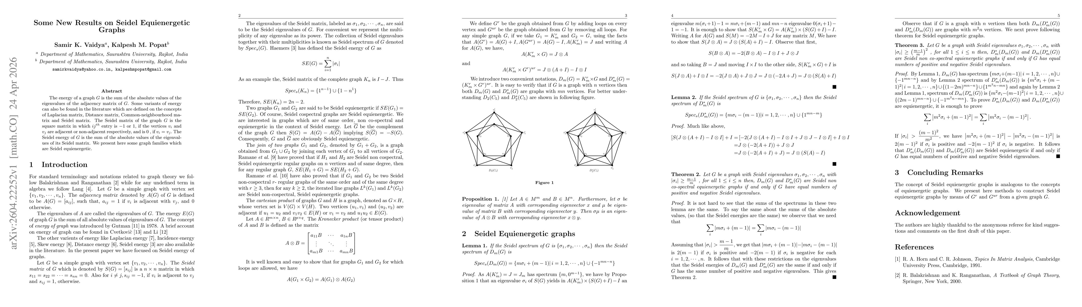 Thumbnail for Some New Results on Seidel Equienergetic Graphs