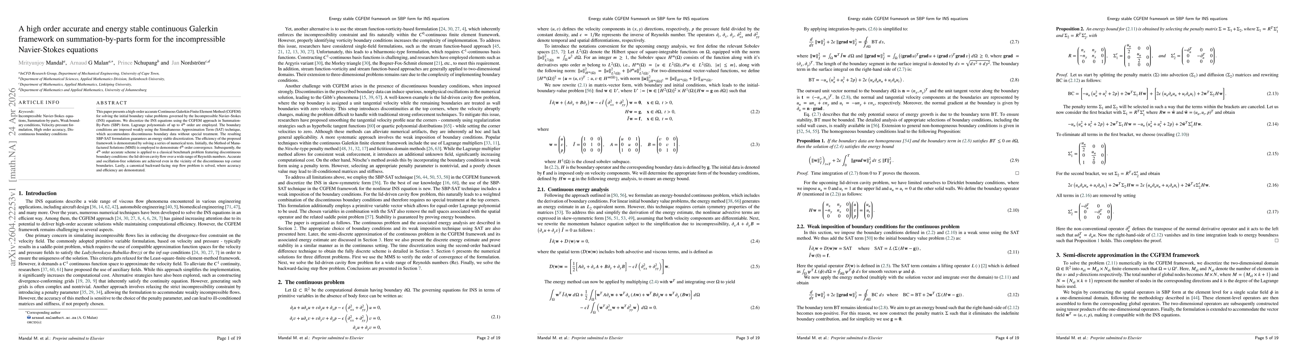 Thumbnail for A high order accurate and energy stable continuous Galerkin framework on summation-by-parts form for the incompressible Navier-Stokes equations