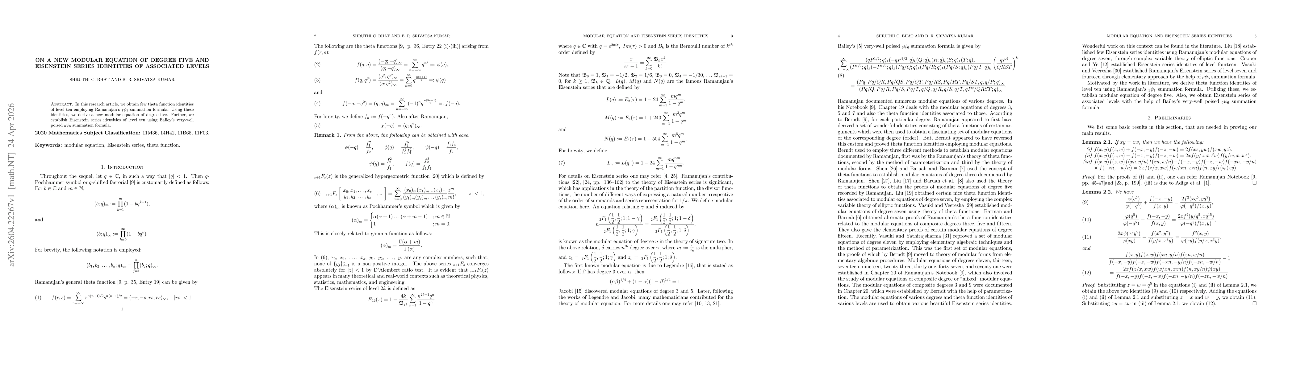 Thumbnail for On a new modular equation of degree five and Eisenstein series identities of associated levels