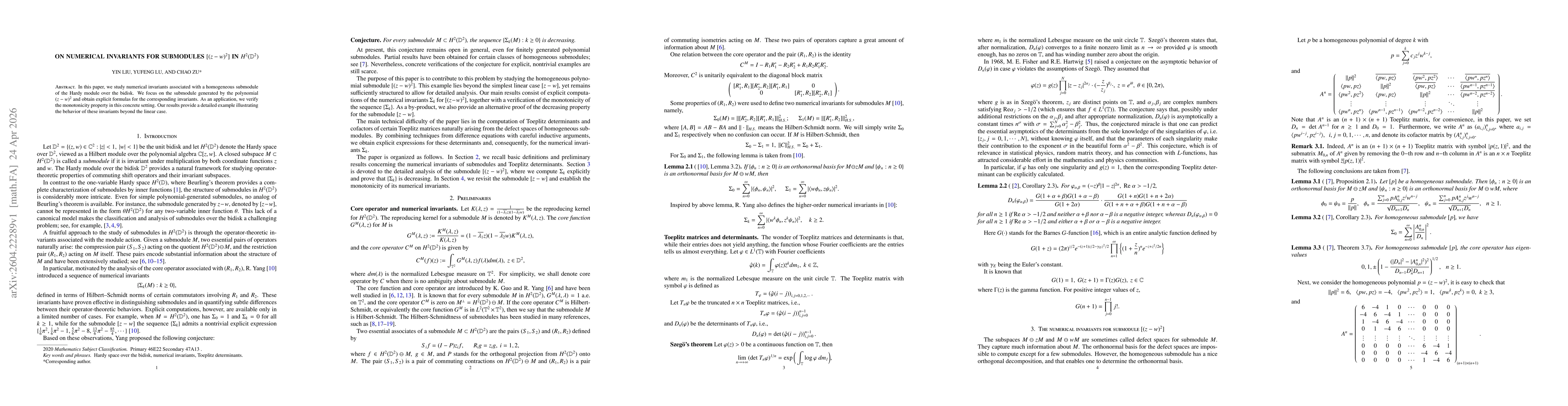 Thumbnail for On numerical invariants for submodules $[(z-w)^2]$ in $H^2(\mathbb{D}^2)$