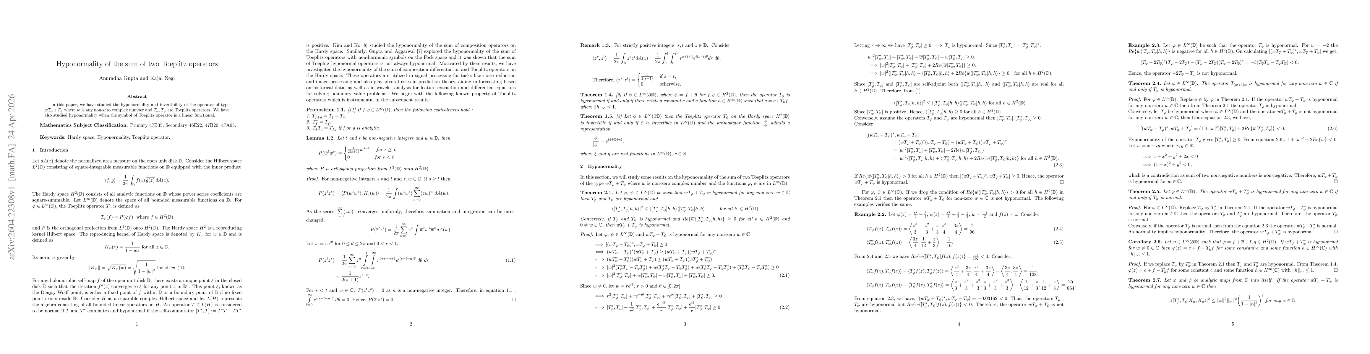 Thumbnail for Hyponormality of the sum of two Toeplitz operators
