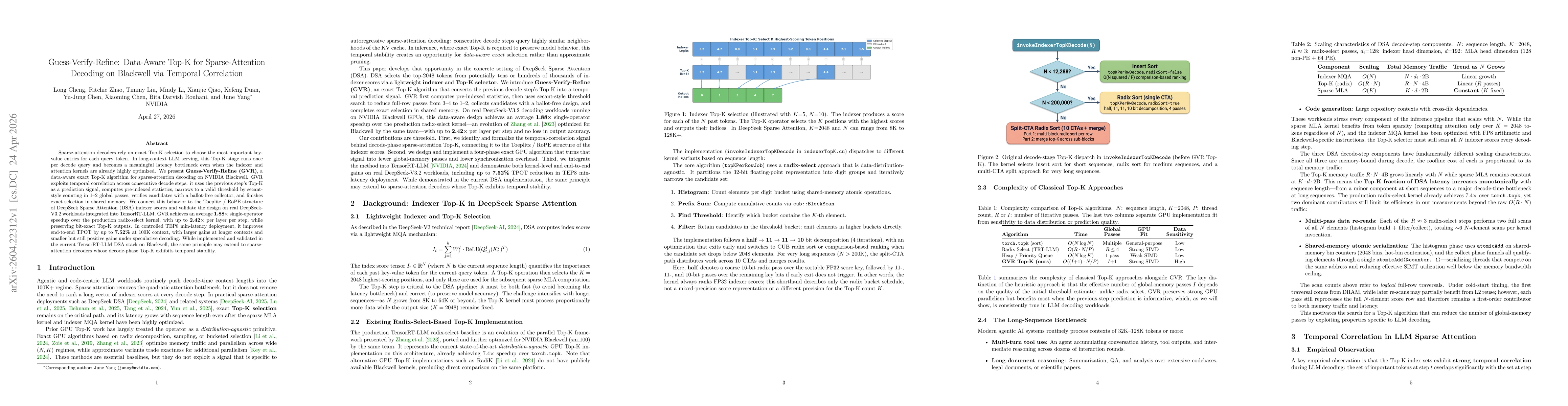 Thumbnail for Guess-Verify-Refine: Data-Aware Top-K for Sparse-Attention Decoding on Blackwell via Temporal Correlation