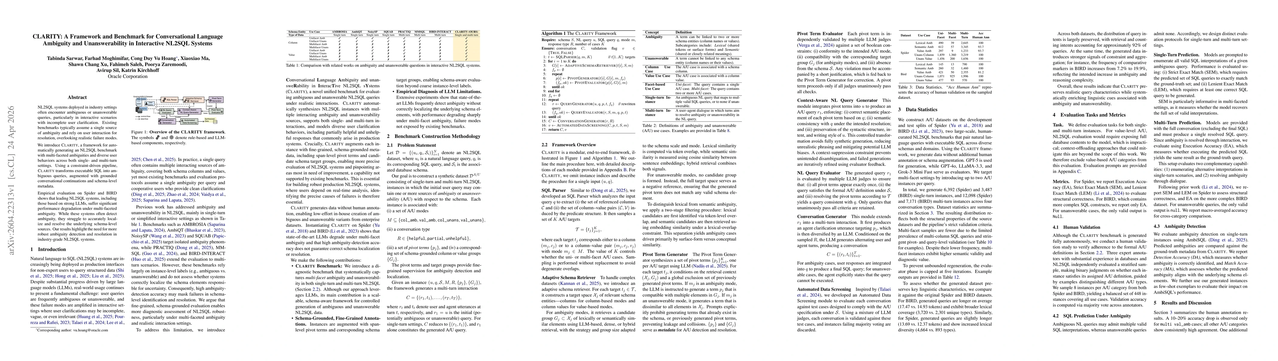 Thumbnail for CLARITY: A Framework and Benchmark for Conversational Language Ambiguity and Unanswerability in Interactive NL2SQL Systems