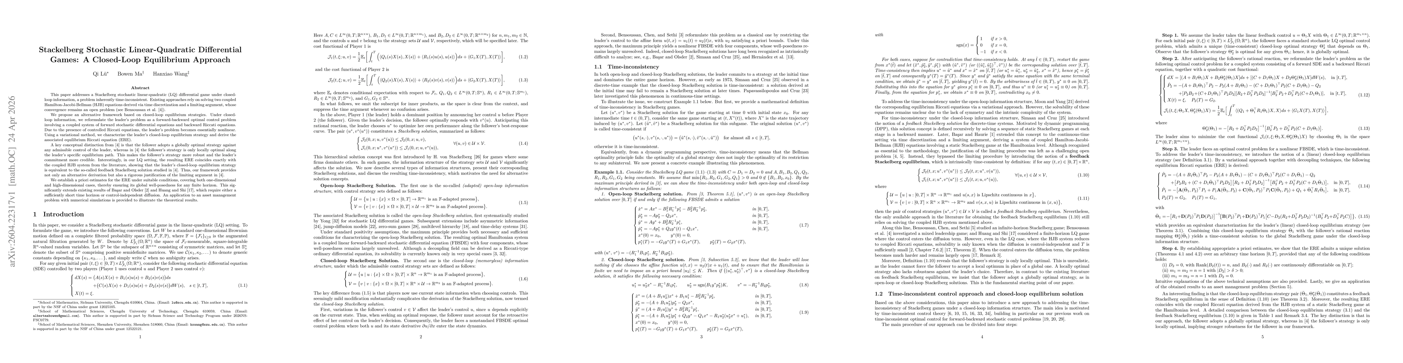 Thumbnail for Stackelberg Stochastic Linear-Quadratic Differential Games: A Closed-Loop Equilibrium Approach
