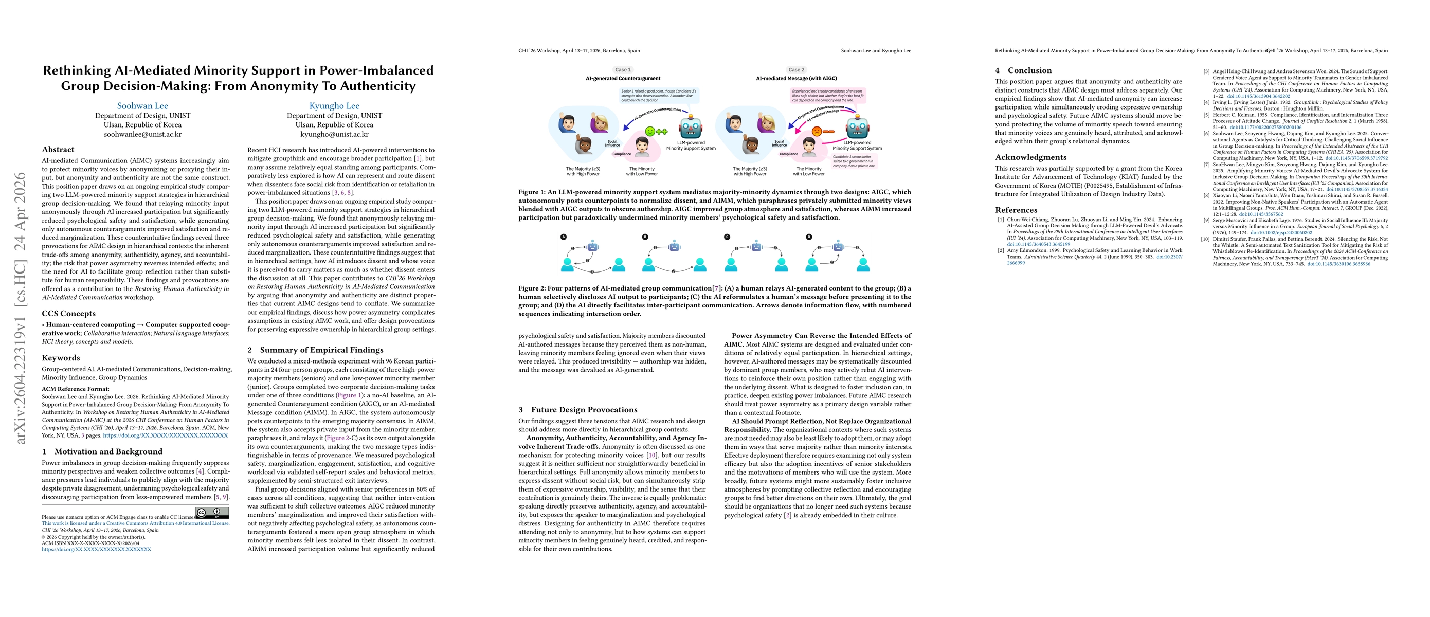 Thumbnail for Rethinking AI-Mediated Minority Support in Power-Imbalanced Group Decision-Making: From Anonymity To Authenticity