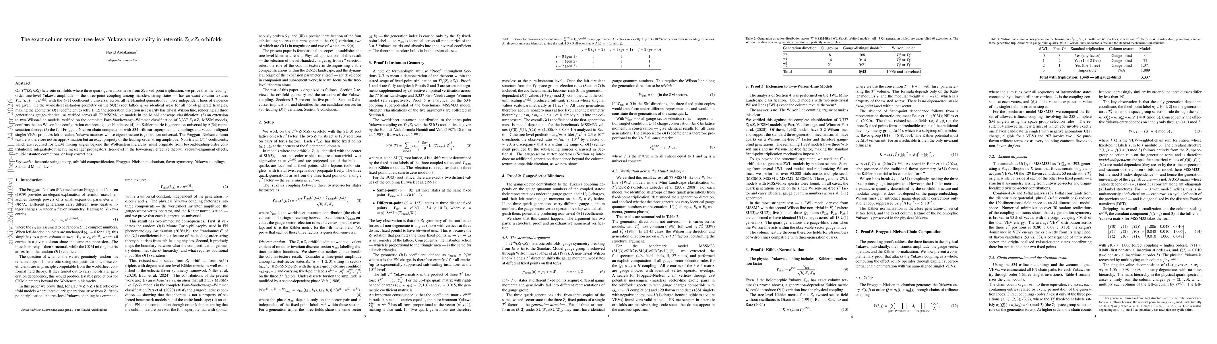 Thumbnail for The exact column texture: tree-level Yukawa universality in heterotic $Z_3 \times Z_3$ orbifolds