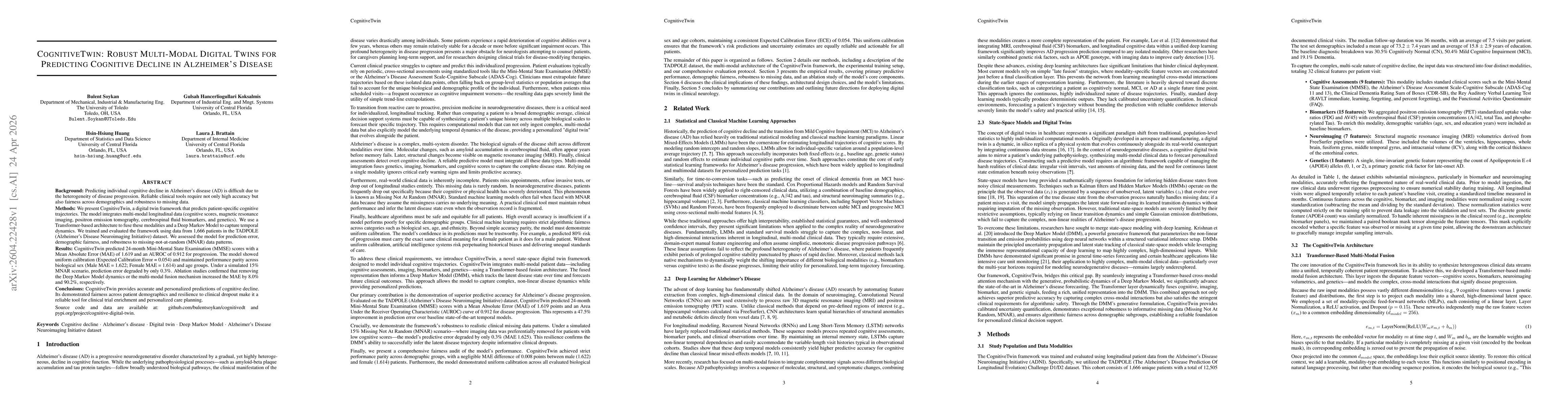 Thumbnail for CognitiveTwin: Robust Multi-Modal Digital Twins for Predicting Cognitive Decline in Alzheimer's Disease