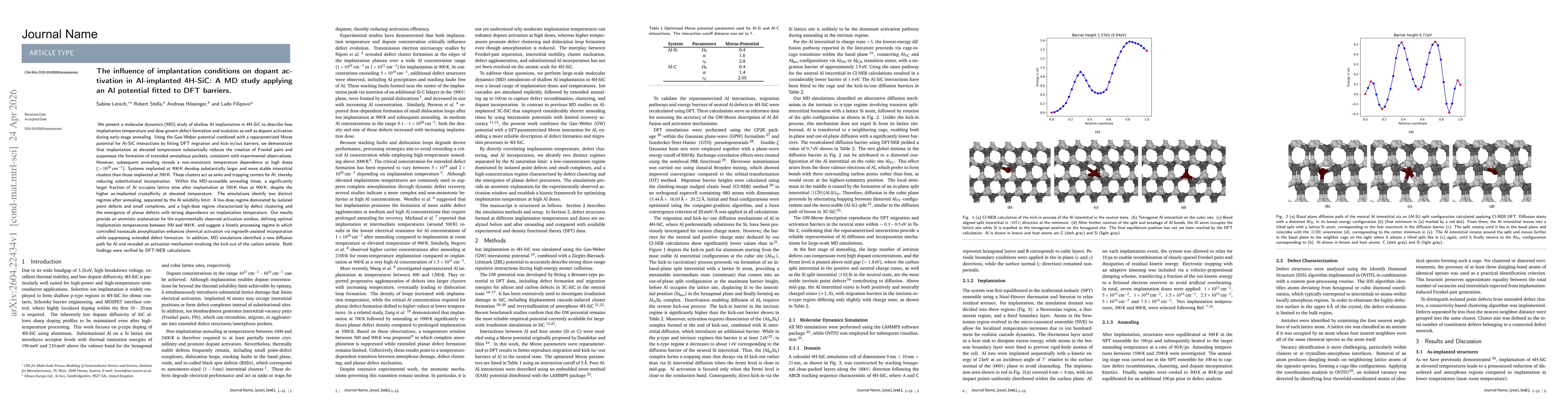 Thumbnail for The influence of implantation conditions on dopant activation in Al-implanted 4H-SiC: A MD study applying an Al potential fitted to DFT barriers