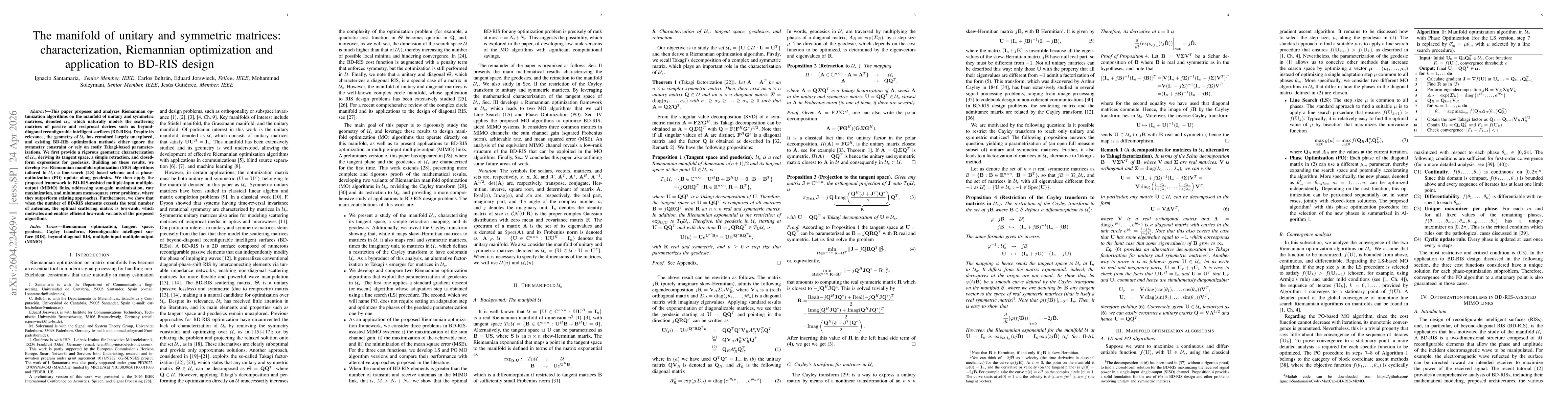 Thumbnail for The manifold of unitary and symmetric matrices: characterization, Riemannian optimization and application to BD-RIS design