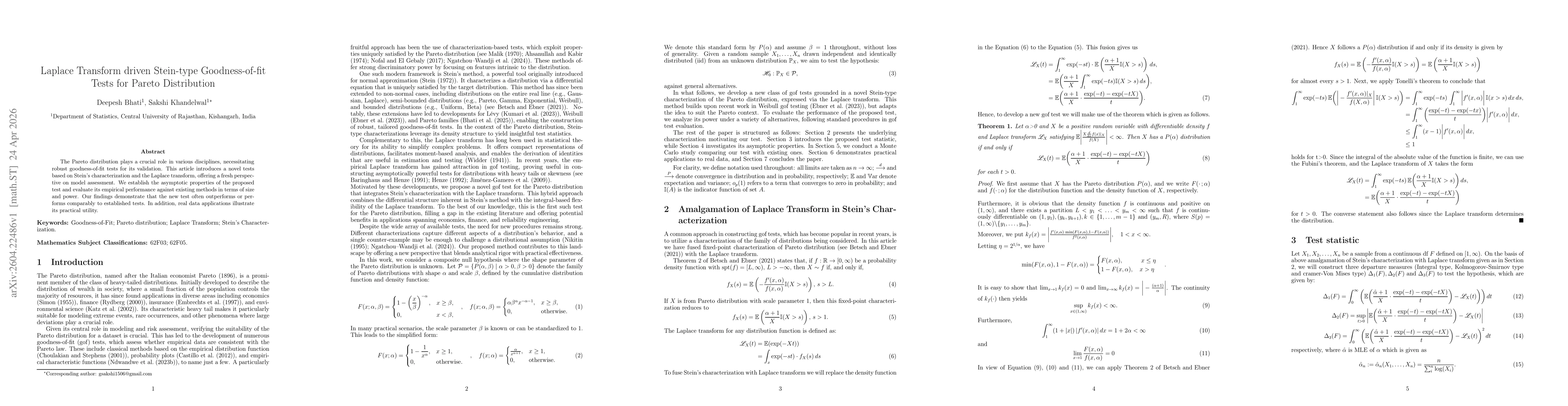 Thumbnail for Laplace Transform driven Stein-type Goodness-of-fit Tests for Pareto Distribution