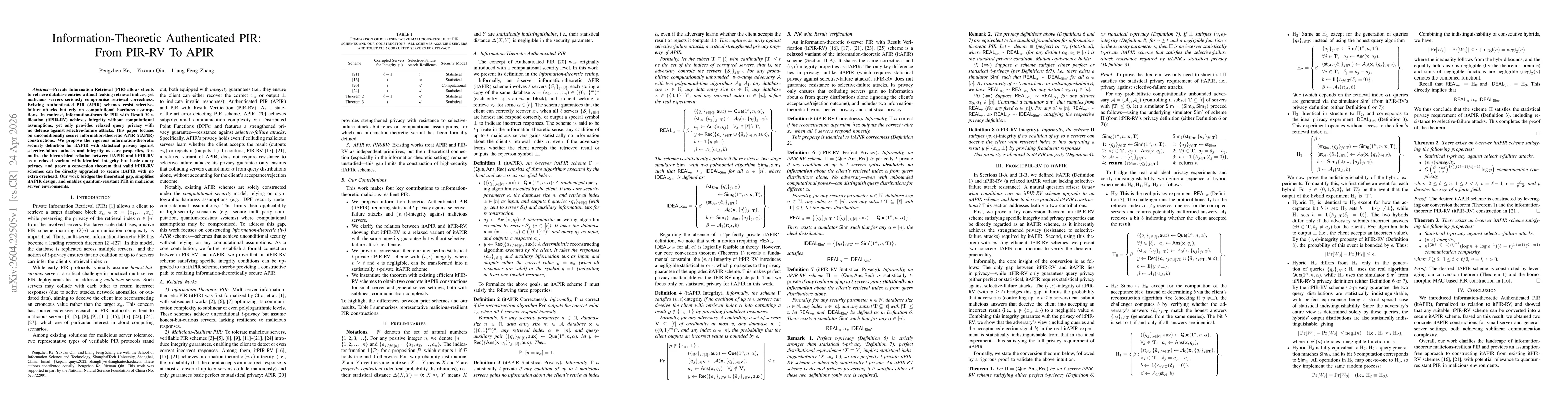Thumbnail for Information-Theoretic Authenticated PIR: From PIR-RV To APIR