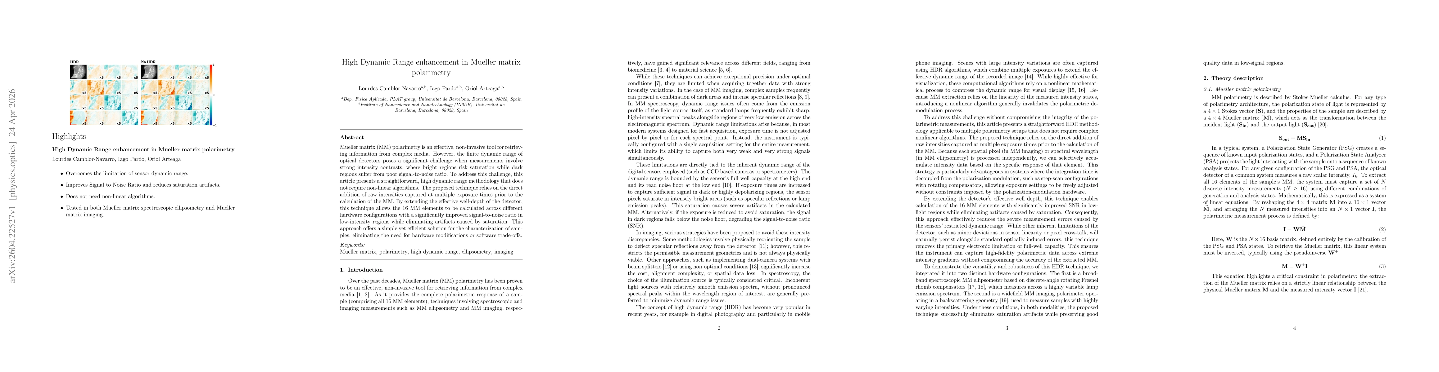 Thumbnail for High Dynamic Range enhancement in Mueller matrix polarimetry