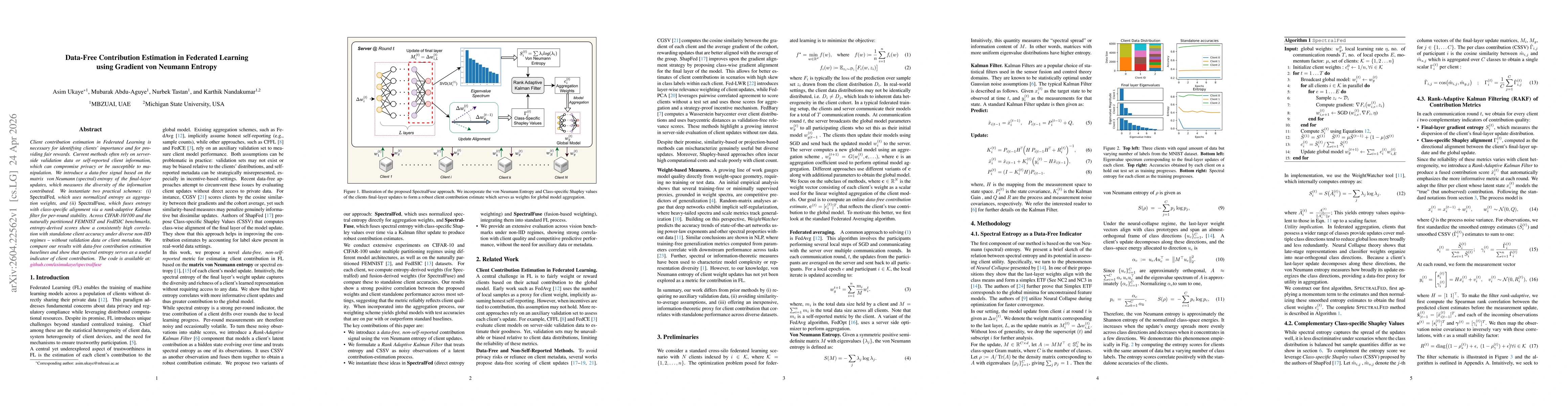 Thumbnail for Data-Free Contribution Estimation in Federated Learning using Gradient von Neumann Entropy