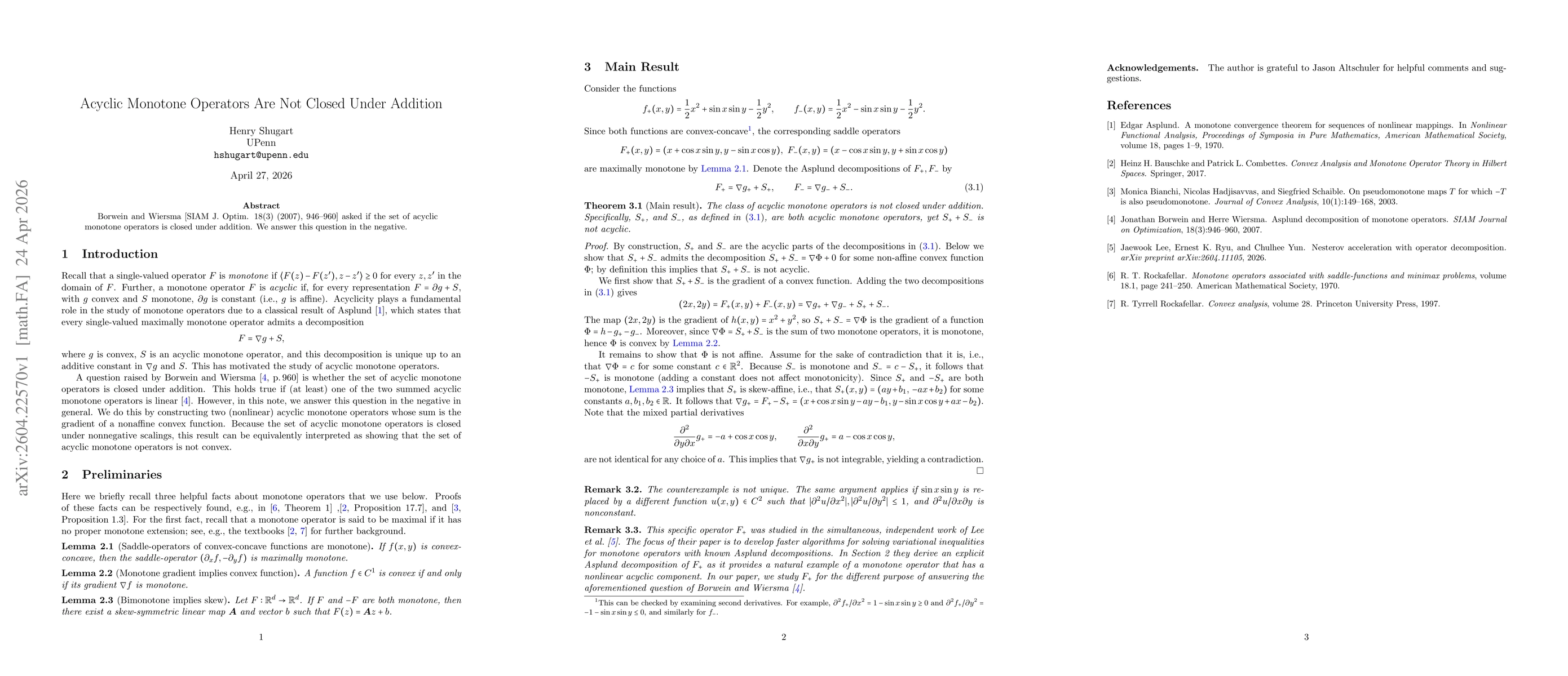 Thumbnail for Acyclic Monotone Operators Are Not Closed Under Addition