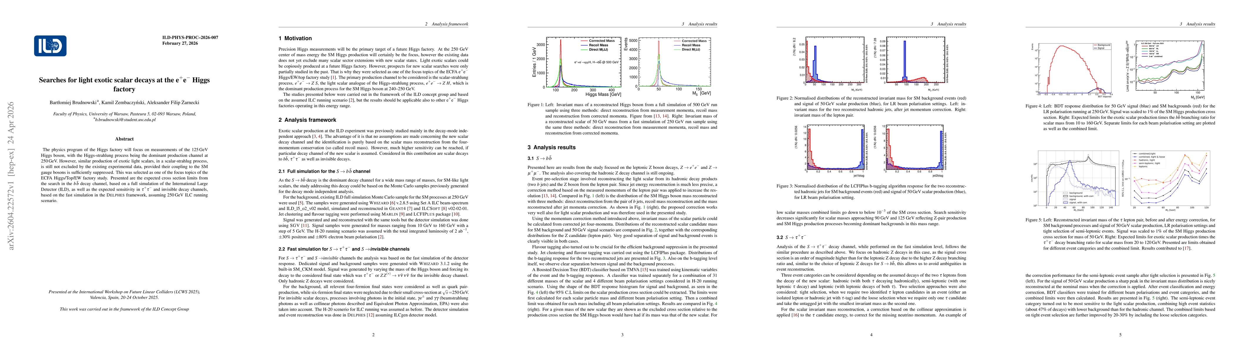 Thumbnail for Searches for light exotic scalar decays at the e$^+$e$^-$ Higgs factory