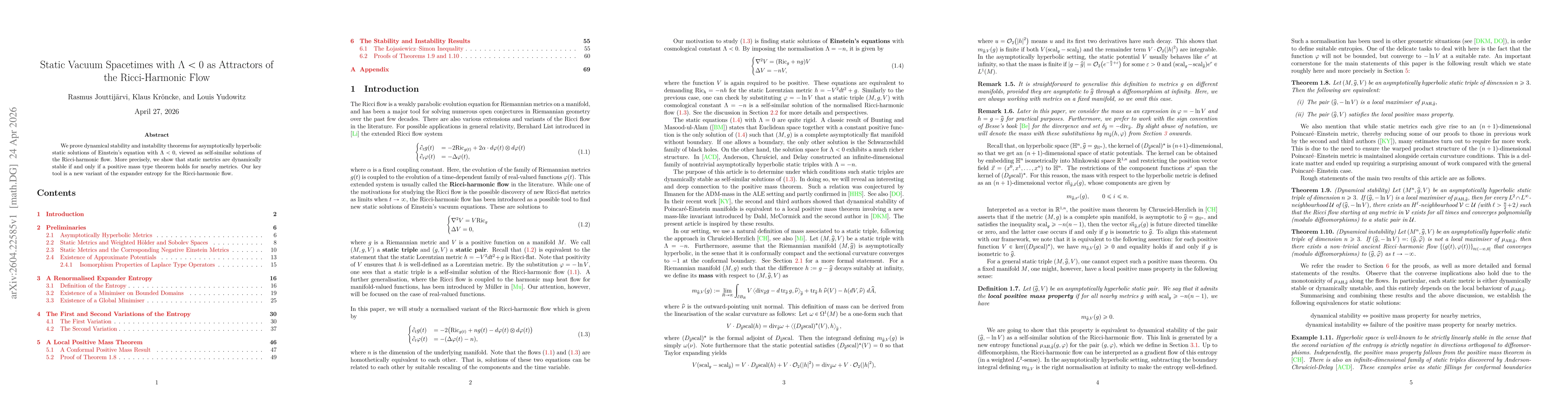 Thumbnail for Static Vacuum Spacetimes with $Λ<0$ as Attractors of the Ricci-Harmonic Flow