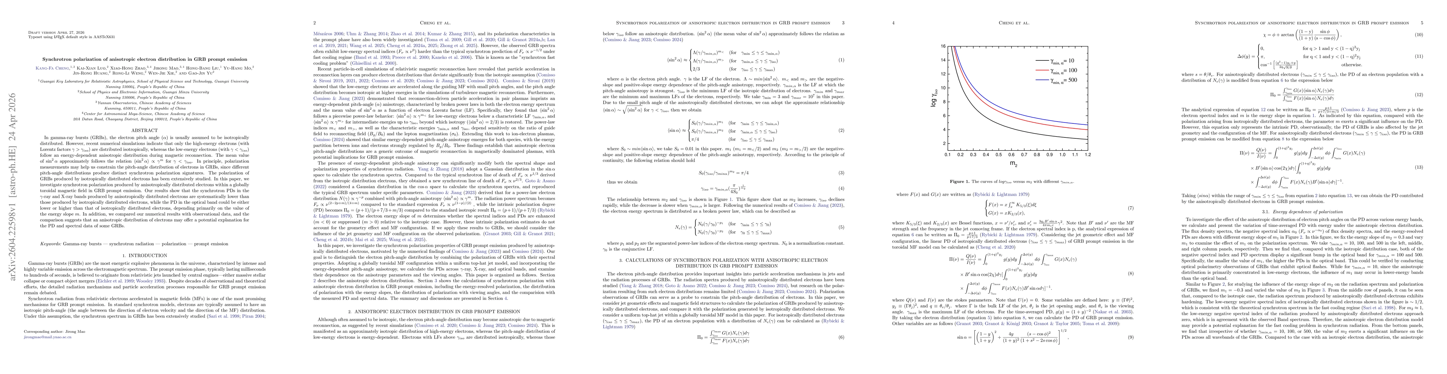 Thumbnail for Synchrotron polarization of anisotropic electron distribution in GRB prompt emission