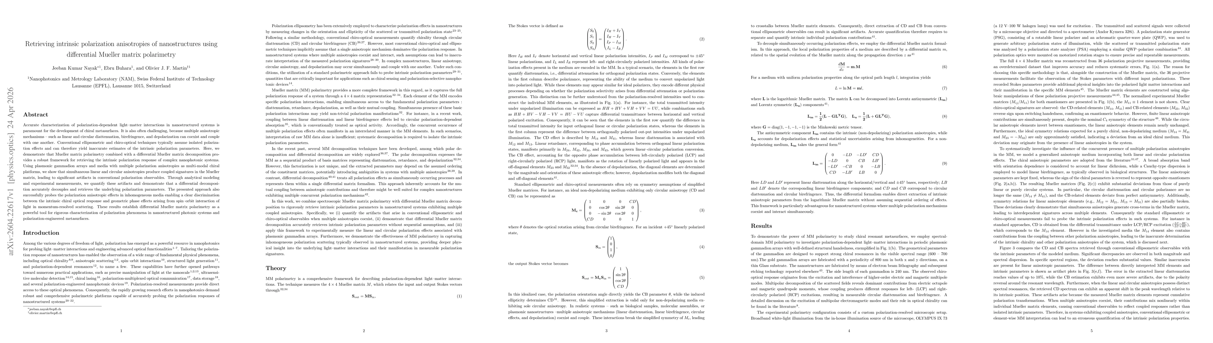 Thumbnail for Retrieving intrinsic polarization anisotropies of nanostructures using differential Mueller matrix polarimetry