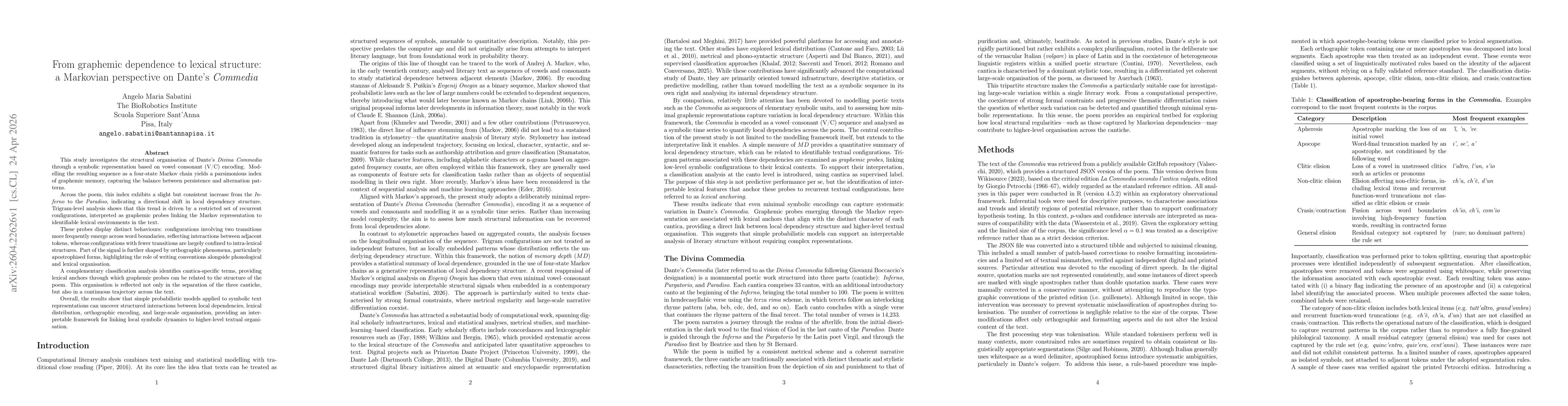 Thumbnail for From graphemic dependence to lexical structure: a Markovian perspective on Dante's Commedia