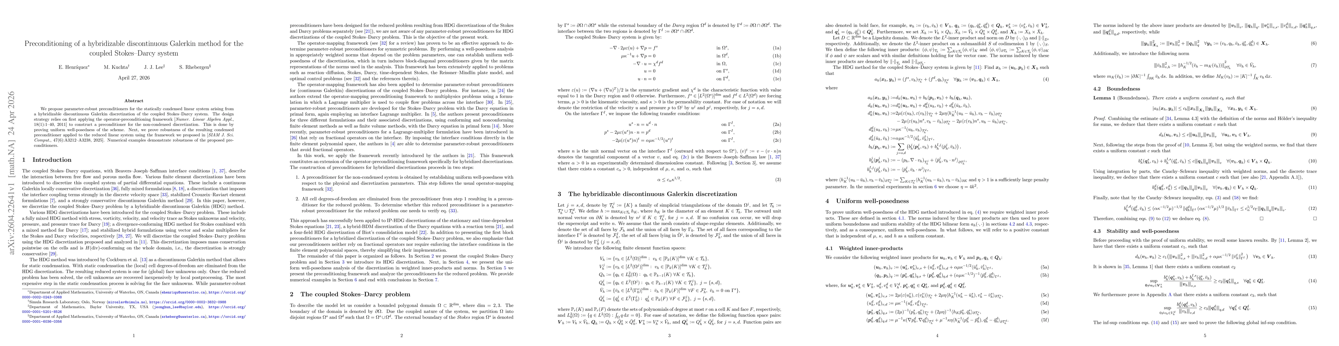 Thumbnail for Preconditioning of a hybridizable discontinuous Galerkin method for the coupled Stokes--Darcy system
