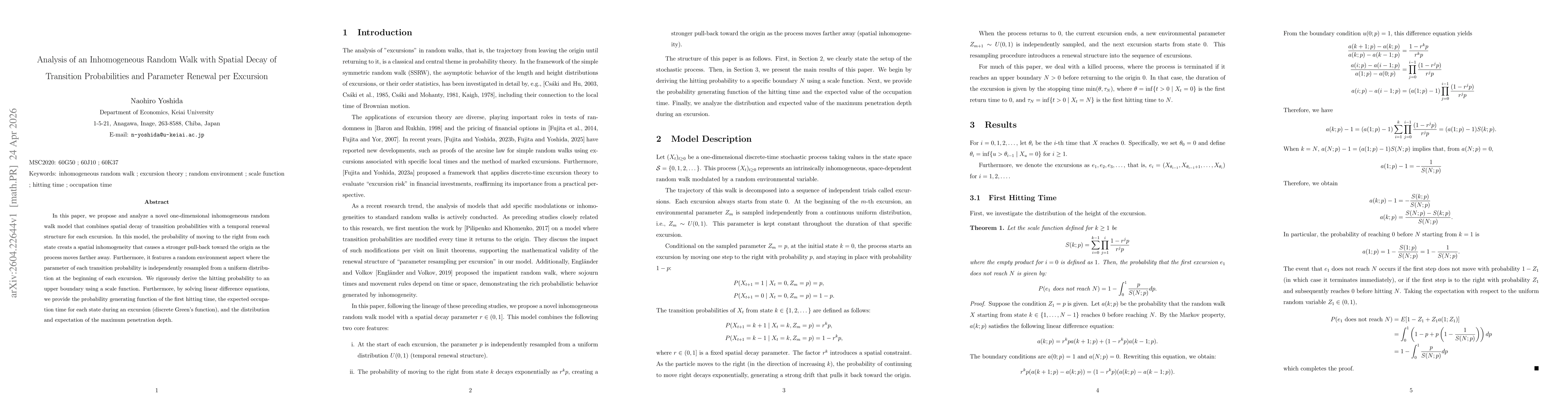 Thumbnail for Analysis of an Inhomogeneous Random Walk with Spatial Decay of Transition Probabilities and Parameter Renewal per Excursion