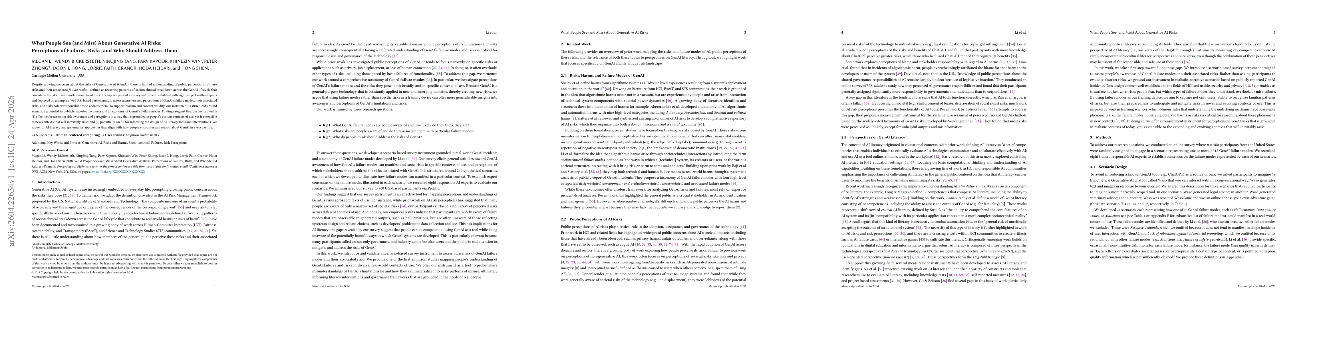 Thumbnail for What People See (and Miss) About Generative AI Risks: Perceptions of Failures, Risks, and Who Should Address Them